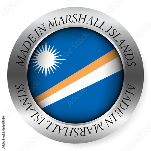 Made in Marshall Islands button icon. Circular emblem with metallic border, glossy central flag, and bilingual label indicating product origin and international manufacturing identity.