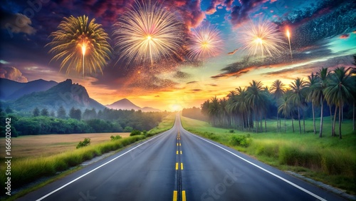 Fireworks light up the sky over a scenic highway at sunset, symbolizing celebration and new beginnings