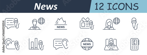 News set icon. Microphone, anchor, breaking report, weather forecast, global press, audio record, journalism tools, female presenter, news desk, ear listening, and world update