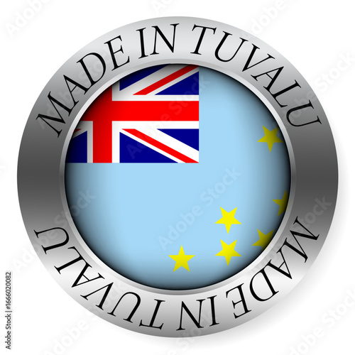 Made in Tuvalu button icon. Circular emblem with metallic border, glossy central flag, and bilingual label indicating product origin and international manufacturing identity.