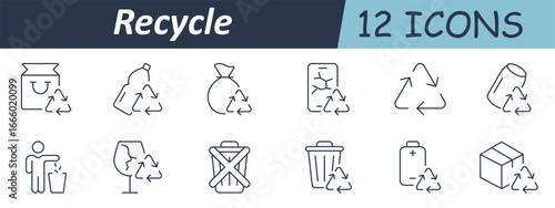 Recycle set icon. Trash bin, reused material, broken glass, plastic bottle, paper pack, recycling triangle, separate collection, green disposal, container mark, and waste category label