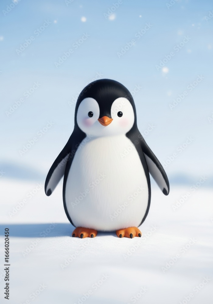 Fototapeta premium A charming, adorable penguin character standing in a snowy arctic landscape