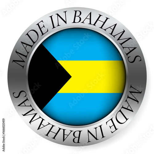 Made in Bahamas button icon. Circular emblem with metallic border, glossy central flag, and bilingual label indicating product origin and international manufacturing identity.