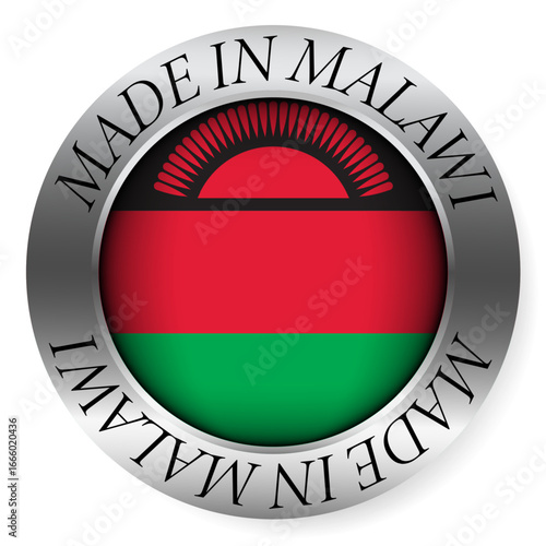 Made in Malawi button icon. Circular emblem with metallic border, glossy central flag, and bilingual label indicating product origin and international manufacturing identity.