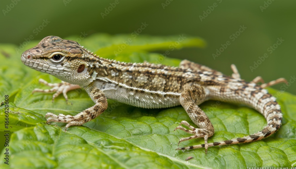 Fototapeta premium A camouflaged lizard blending seamlessly with a leaf in a lush rainforest environment