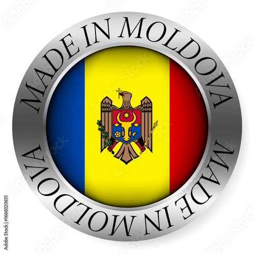 Made in Moldova button icon. Circular emblem with metallic border, glossy central flag, and bilingual label indicating product origin and international manufacturing identity.