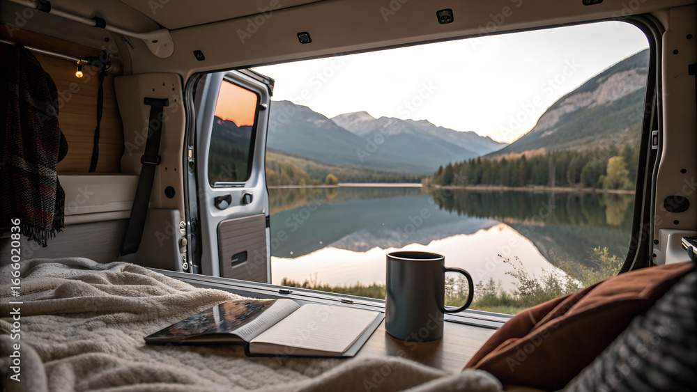 Obraz premium Van life campervan conversion interior design with lake view travel and adventure lifestyle concept
