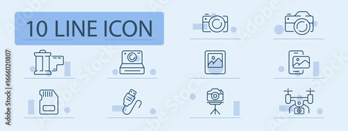 Photography set icon. Cameras, tripod, lens, film, storage, connector, frame, capture device, drone, and digital photo elements outlined for imaging and content creation tools