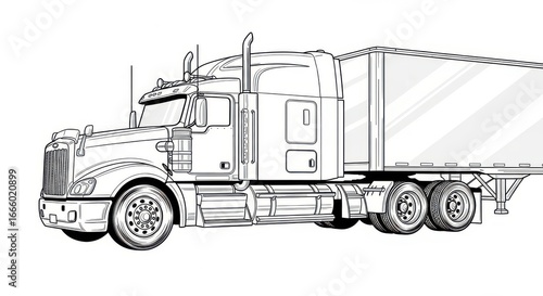 Detailed line art illustration of a modern semi-truck with attached trailer