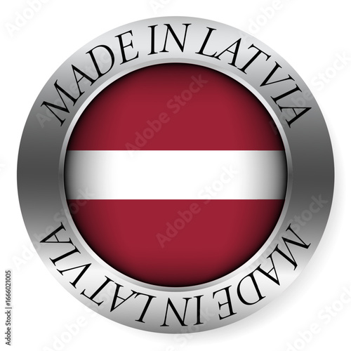 Made in Latvia button icon. Circular emblem with metallic border, glossy central flag, and bilingual label indicating product origin and international manufacturing identity.