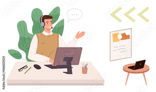 Male worker using a headset at his desk near plants and office tools. Notes and laptop placed in the workspace. Ideal for remote work, communication, teamwork, customer service, business support