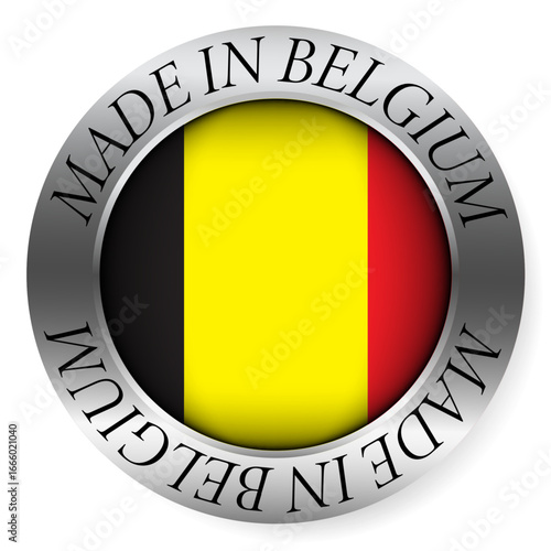 Made in Belgium button icon. Circular emblem with metallic border, glossy central flag, and bilingual label indicating product origin and international manufacturing identity.