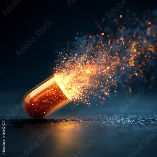 Capsule exploding into glowing particles of light, symbolizing healing power.