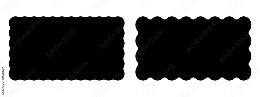 Set or rectangular shapes with squiggly borders. Tags, labels, stamps, crackers, coupons rectangle boxes with curvy, wiggly, wavy edges isolated on white background. Vector flat illustration
