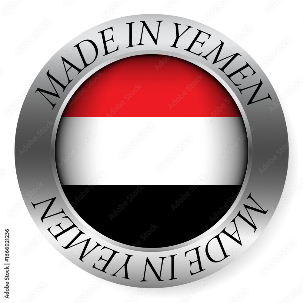 Made in Yemen button icon. Circular emblem with metallic border, glossy central flag, and bilingual label indicating product origin and international manufacturing identity. Made in Yemen button icon. Circular emblem with metallic border, glossy central flag, and bilingual label indicating product origin and international manufacturing identity.