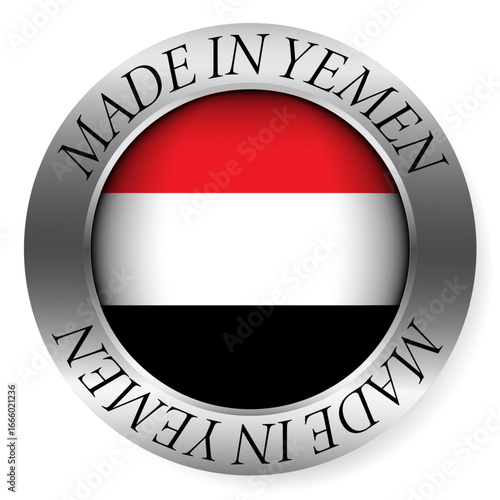 Made in Yemen button icon. Circular emblem with metallic border, glossy central flag, and bilingual label indicating product origin and international manufacturing identity.