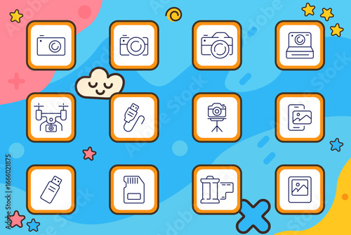 Camera and photography set icon. Assorted camera and photo icons including digital cameras, film rolls, tripods, memory cards, mobile photography, drone, image gallery, and USB cable
