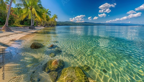 Fototapeta Naklejka Na Ścianę i Meble -  Tropical island paradise featuring lush palm trees and stunning crystal clear waters