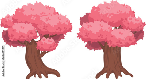 Pink sakura trees with textured trunks Spring season plants