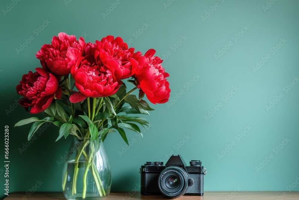 Fototapeta premium Vase of red peonies with camera on coffee table near green wall 