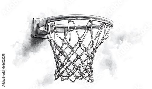 Black and white sketch of a basketball hoop and net on a textured background sport game