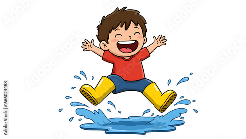 Joyful Child Jumping in Rain Puddle with Yellow Boots – Playful Cartoon Illustration of Outdoor Fun
