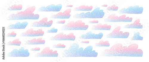 Creamy gradient textured clouds set. Naive pink and blue gradation shadow sky elements. Grain pastel textured weather figures. Dots gradient scribble climate cloud. Vector collection illustration.