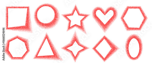 Chili pepper geometric shapes stencil frames set. Grainy textured sweet paprika borders in circle, rhombus, star forms. Masala red powder text boxes on white background. Vector graffiti illustration.