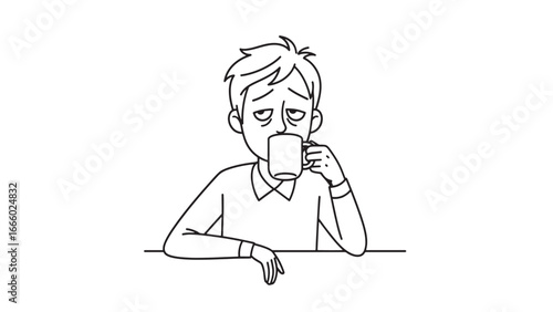 A tired person with droopy eyes drinks from a mug, appearing exhausted and in need of a wake-up.