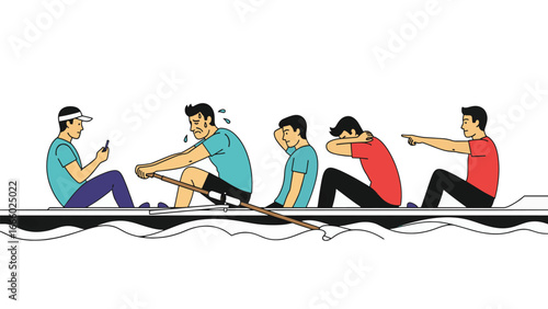 A rowing team struggles in unison with one member distracted by a mobile phone while others exert effort and show fatigue.