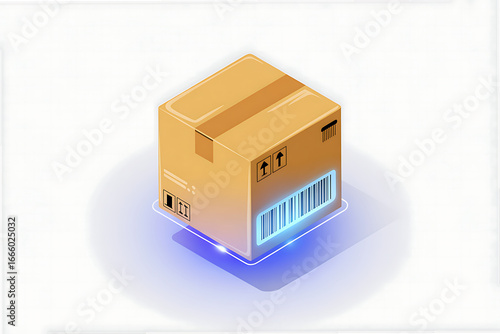 Modern delivery box with barcode glowing, indicating fast and secure shipping process