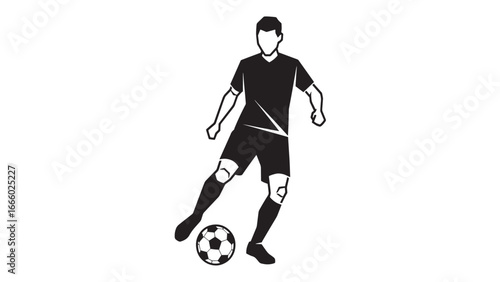 Silhouette of a male soccer player skillfully dribbling a ball with his foot, depicted in a dynamic pose against a plain white background.