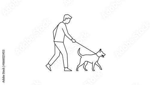 A minimalist line drawing depicts a person walking a dog on a leash, showcasing a common daily activity and companionship.