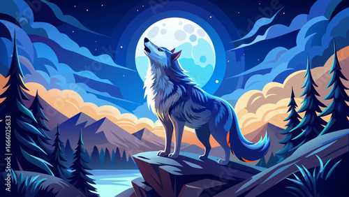 A lone wolf howling in silhouette, standing proudly upon the hill beneath glowing full moon, night whispers mystery, symbol of fear and wild strength, dangerous yet beautiful, timeless untamed.