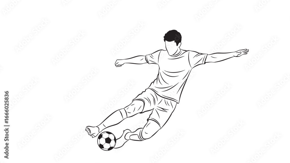 Fototapeta premium A dynamic line drawing depicts a soccer player in mid-air, skillfully kicking a ball with his left foot during a game.