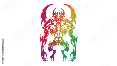 A vibrant, stylized tribal demon figure with sharp claws and horns, rendered in a rainbow gradient, standing against a stark white background.