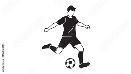 A stylized illustration of a male soccer player in mid-action, kicking a ball with his right foot, wearing a dark jersey and shorts, captured in a dynamic po...