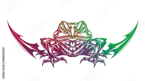 A fierce, stylized frog with sharp teeth and claws, framed by two curved, blade-like elements in a vibrant gradient of colors.