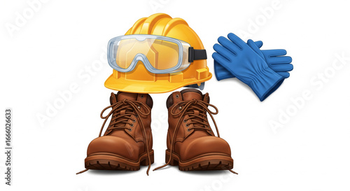 Safety equipment for construction workers, including hard hat, safety glasses, work gloves, and safety boots.