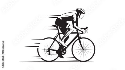A stylized illustration of a cyclist in full racing gear, leaning forward on a road bike, depicted with motion blur lines indicating speed and forward momentum.