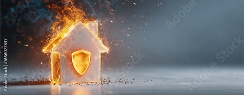 Inferno's Embrace: A house engulfed in flames and shield, representing a metaphor for the challenges of housing, set against a subtly blurred backdrop