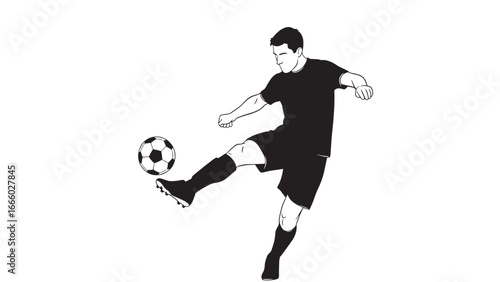 A dynamic illustration of a male athlete in silhouette skillfully kicking a soccer ball with his right foot, showcasing athletic movement and sport.