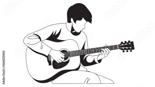 A stylized illustration depicts a person sitting down and playing an acoustic guitar, with their fingers positioned on the fretboard.