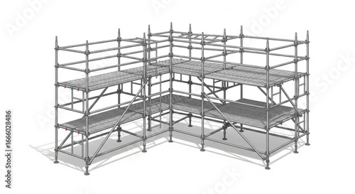 Scaffolding structure with multiple levels and platforms, constructed from metal pipes and connectors, casting a shadow on the ground.