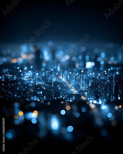 Wallpaper Mural Futuristic city skyline overlayed with glowing AI data network patterns, abstract business theme, copyspace Torontodigital.ca