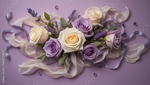Beautiful Floral Arrangement of Purple and Cream Roses with Lavender and Silk Ribbons on a Pastel Background, a Romantic and Elegant Display