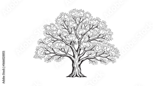 A detailed, intricately drawn illustration of a large, mature deciduous tree with a broad canopy of branches and leaves, set against a clean white background.