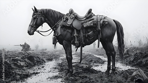 War Horse In Muddy Field Black And White
