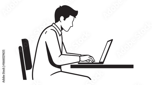 A man in a collared shirt sits at a desk, focused on typing on a laptop computer, with his back to the viewer.