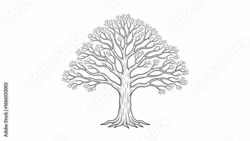 A detailed black and white illustration of a large, bare deciduous tree with intricate branches and visible roots, set against a plain white background.